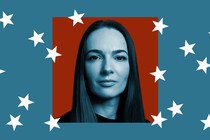 Photo of guest Oleksandra Matviichuk against a blue background and falling white stars