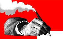 Illustration showing hand holding pen and writing, but the pen emits smoke
