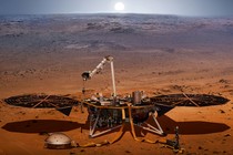 An illustration of NASA's InSight lander, with its wing-like solar panels, on the surface of Mars