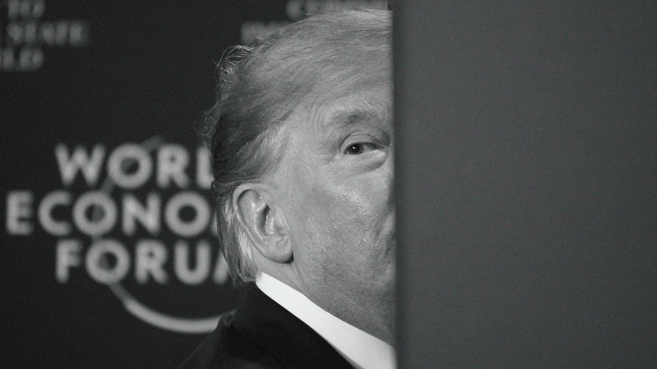 In black and white, Trump stands against a background that says "World Economic Forum," his face half-obscured.