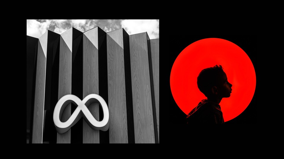 Photo-illustration of a small child in front of a red background, and a building with Meta's logo on it