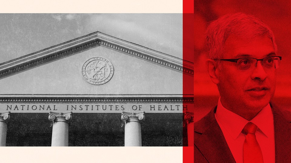 A diptych of the NIH in gray scale and Jay Bhattacharya washed red