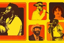 A orange, red, and yellow photo collage of various new country musical performers