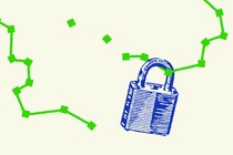 A blue lock on a broken chain of green dots connected by lines