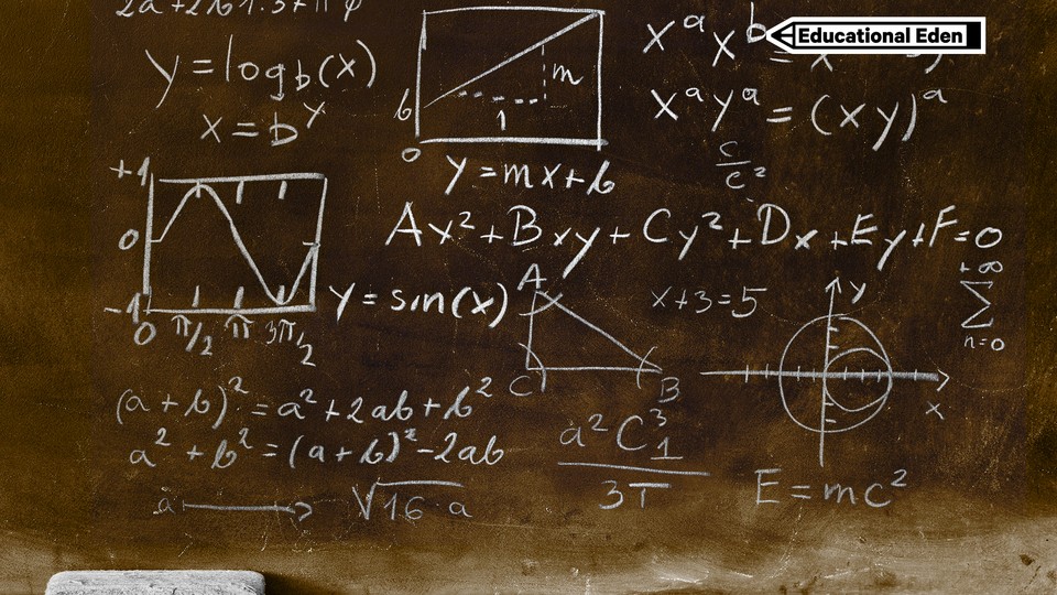 A chalkboard with various math equations and the "Educational Eden" series tag in the corner