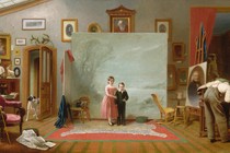 A painting of two children posing for a photograph taken with an old-fashioned camera