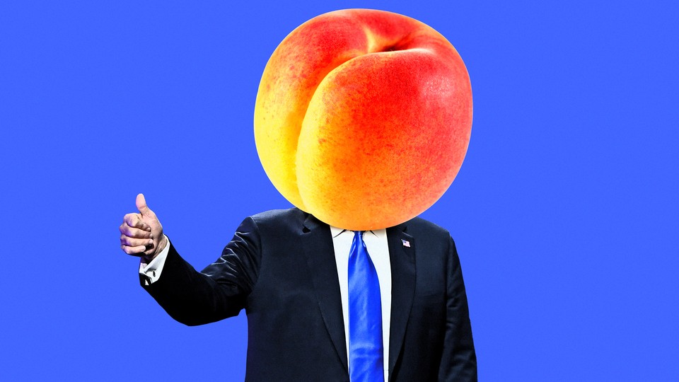 A photo illustration of Donald Trump with a peach for a head