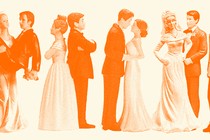 Graphic illustration of various figurines showing different couples in wedding attire.
