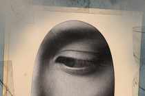 Collage of a woman's eye looking downward on a background of hazy sky