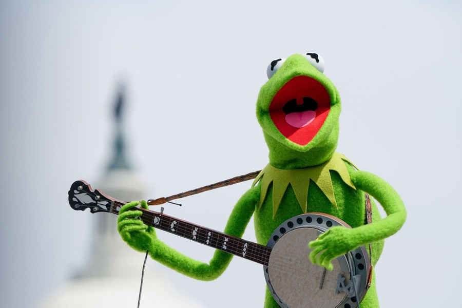 A puppet frog plays the banjo.
