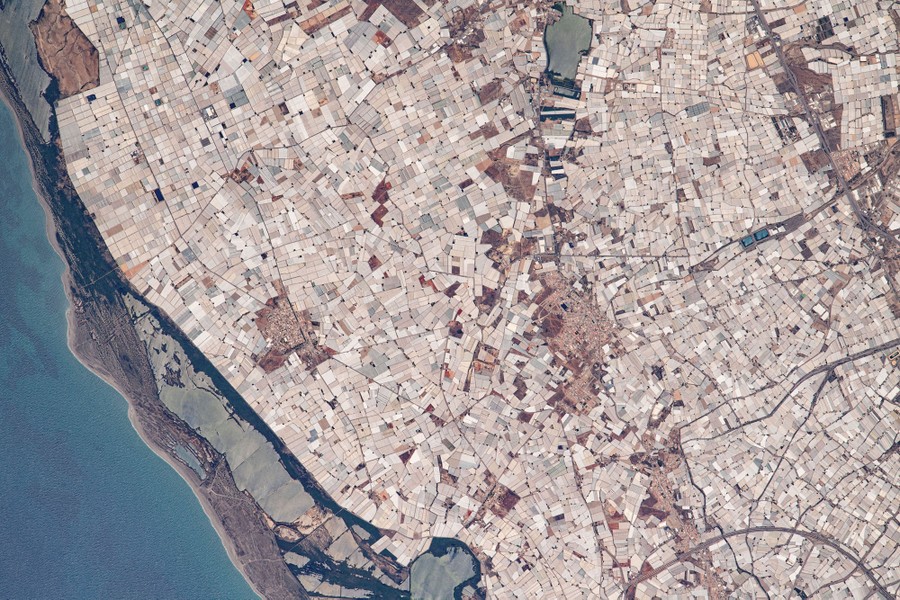 A patchwork of hundreds of greenhouses is seen in a n aerial view.