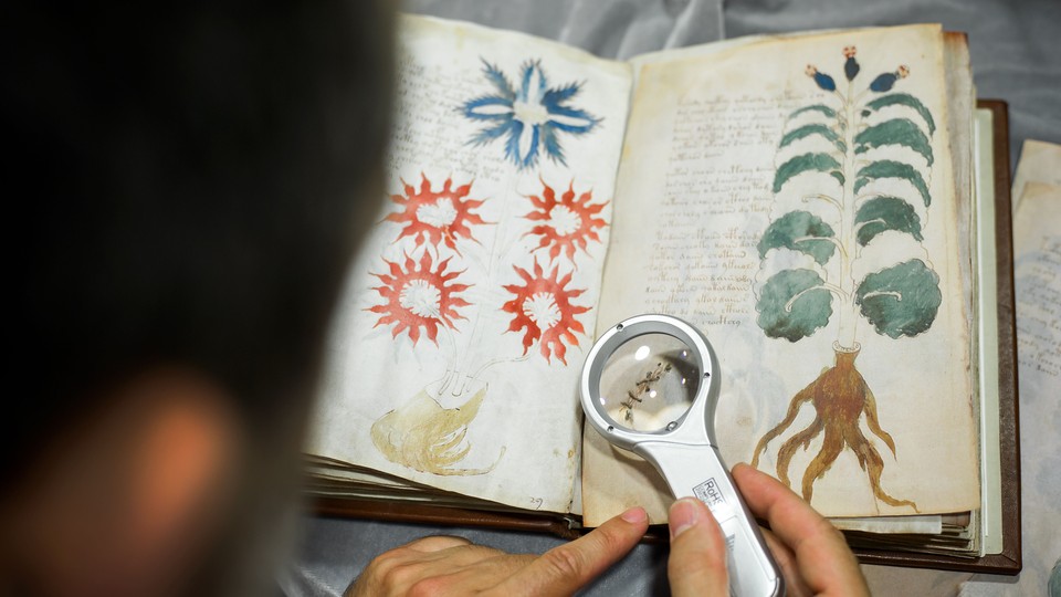 A man holds a magnifying glass over the Voynich Manuscript.