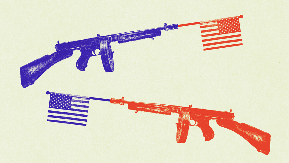 Illustration of two rifles with American flags coming out of their barrels--one blue and one red
