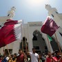 Palestinians take part in a rally in support of Qatar, inside Qatari-funded construction project 'Hamad City', in the southern Gaza Strip onJune 9, 2017.