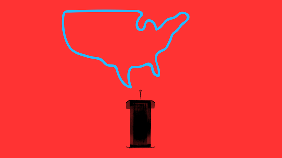 A photo illustration of a podium in front of a blue outline of the United States, on a red background