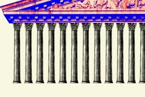 A red and blue Supreme Court roof rests atop dozens of pillars