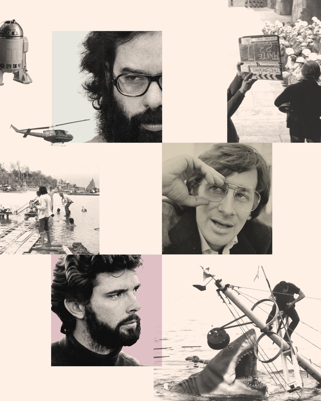 Francis Ford Coppola, Stephen Spielberg, and George Lucas in the 1970s surrounded by set images from Apocalypse Now, Star Wars, and Jaws.