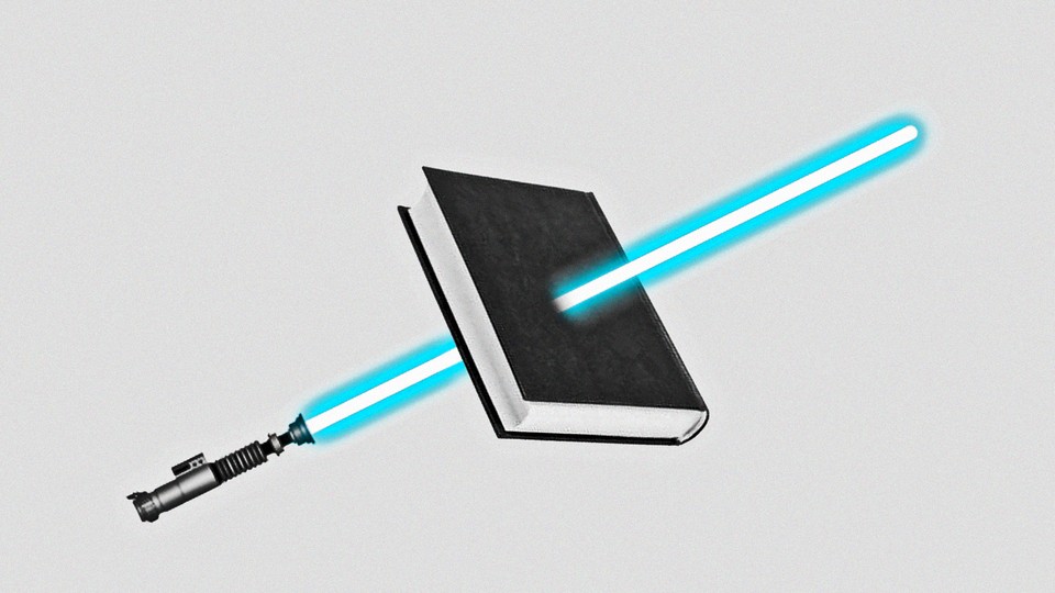 illustration of a lightsaber piercing a book