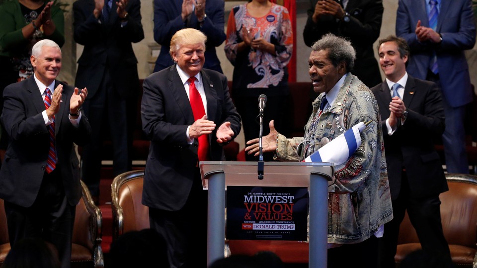 Don King introduces Donald Trump at an event in Cleveland on Wednesday.