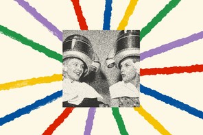 A starburst of colorful stripes extends out from a black-and-white photo of two women getting their hair done at a salon.