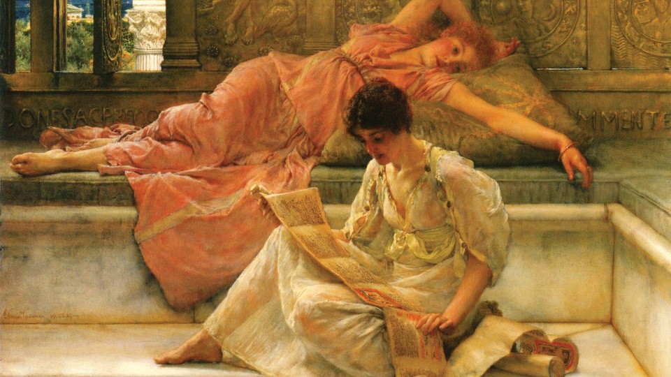 A painting of two women lounging, one staring at the other