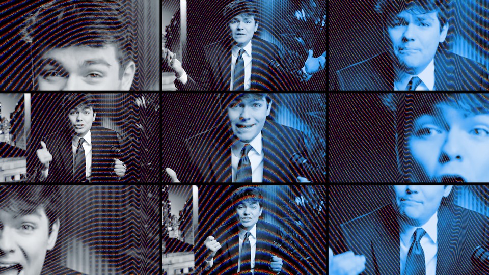 Nine squares of Nick Fuentes making various facial expressions and hand gestures, with some of the squares tinted blue