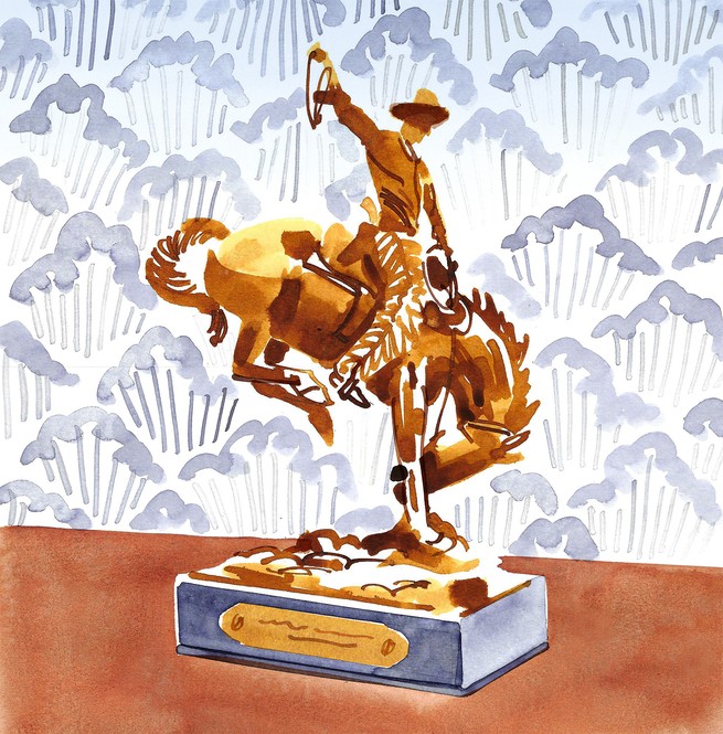 illustration of trophy-like statue of cowboy holding lasso on bucking horse with patterned wallpaper behind it