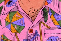 illustration of man from neck down wearing collared pink aloha-style shirt with pattern of crushed cans, broken beach umbrellas, fish skeletons, and bendy straws