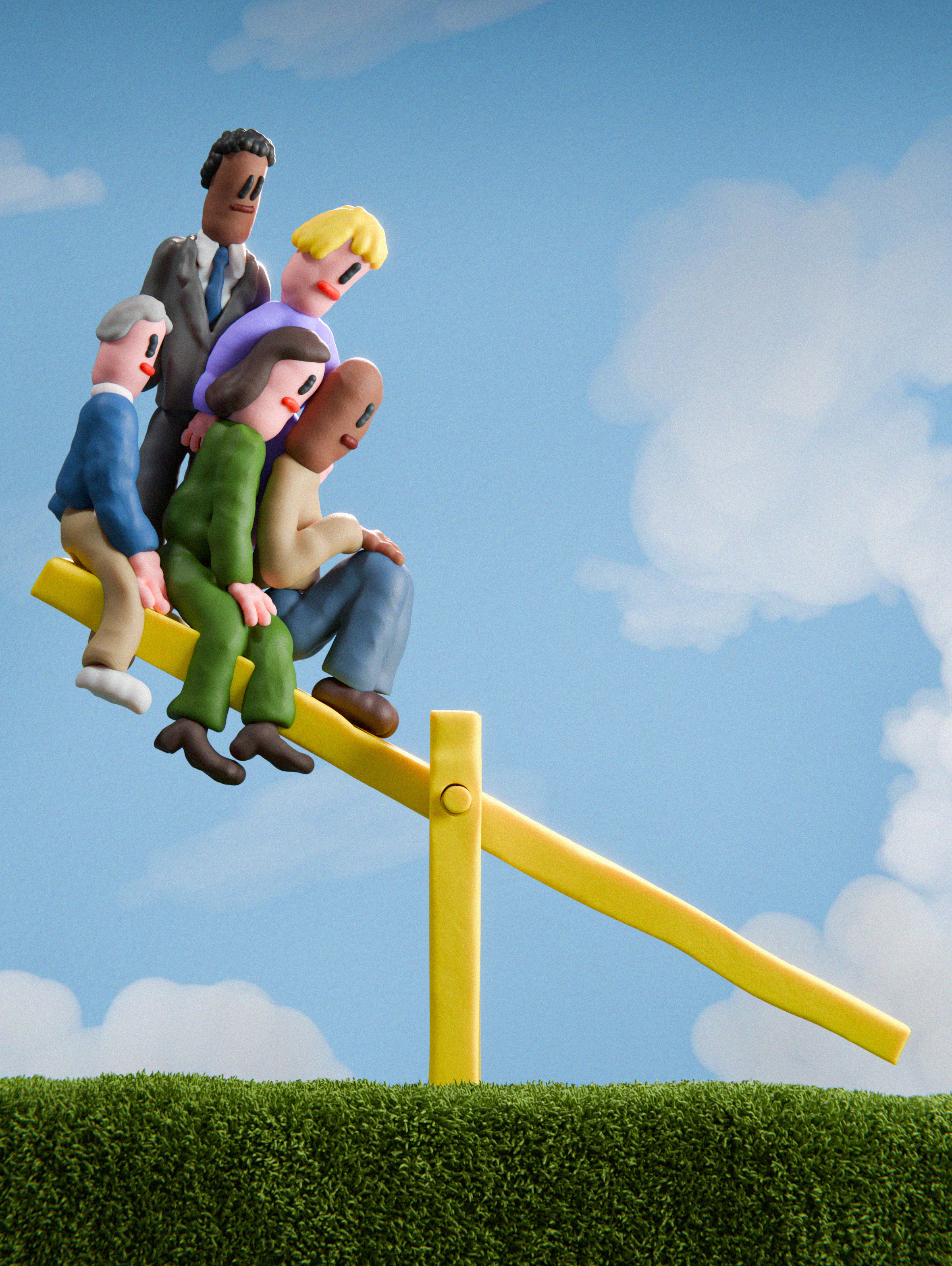 illustration with 5 claymation-style figures varying in age and gender all sit on the raised side of a yellow see-saw on green grass, looking at the empty other side, with blue sky in background