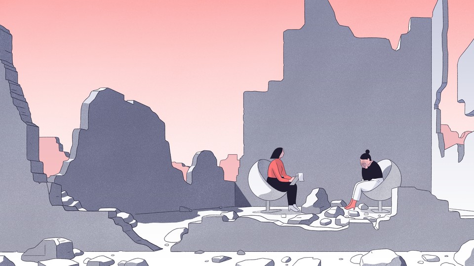 An illustration of a woman and her therapist sitting in a ruined building