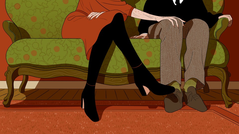 An illustration of a woman touching a man on his knee.