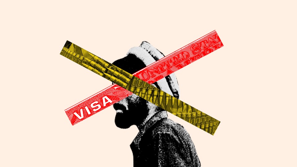 An illustration of an Afghan soldier with an X over his face. Half of the X is covered in bullets; the other half is a section of a U.S. visa.