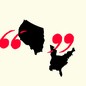An illustration of quotation marks and the United States split in two.