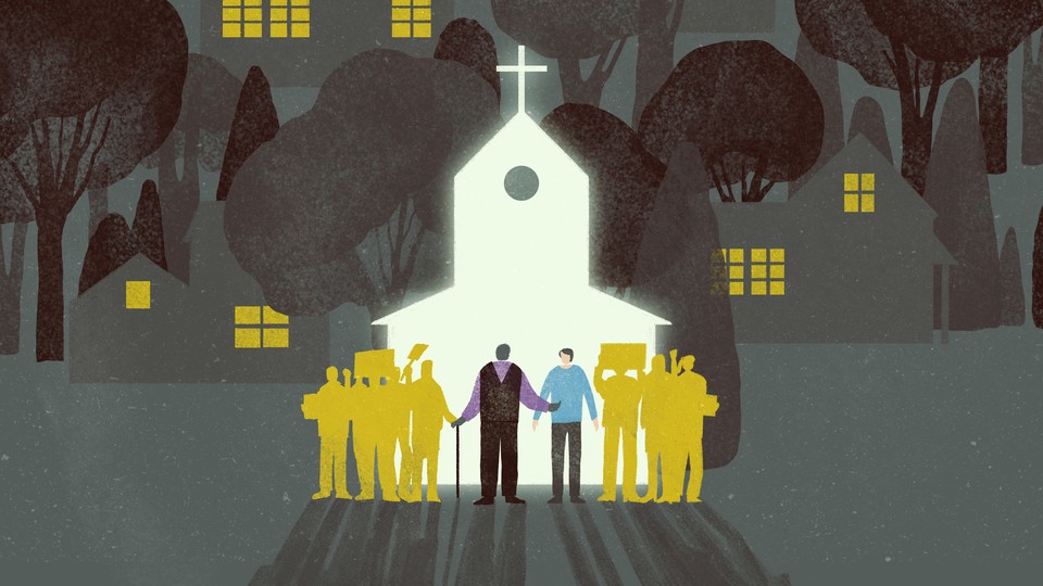 Two men stand in front of a glowing church, with the silhouettes of protesters behind them