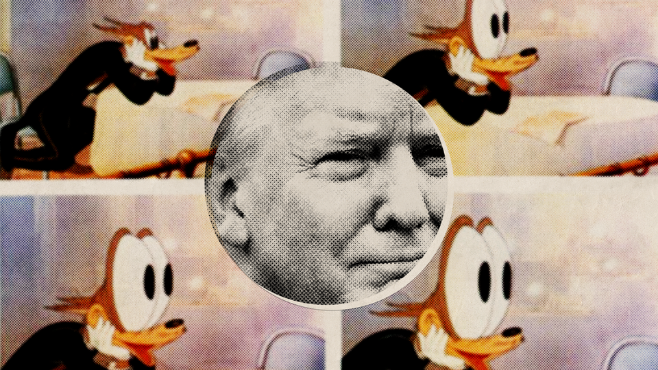 An illustration showing Donald Trump superimposed over a cartoon character with wide eyes