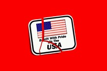 Illustration showing "Built With Pride In The USA" sign, broken into pieces