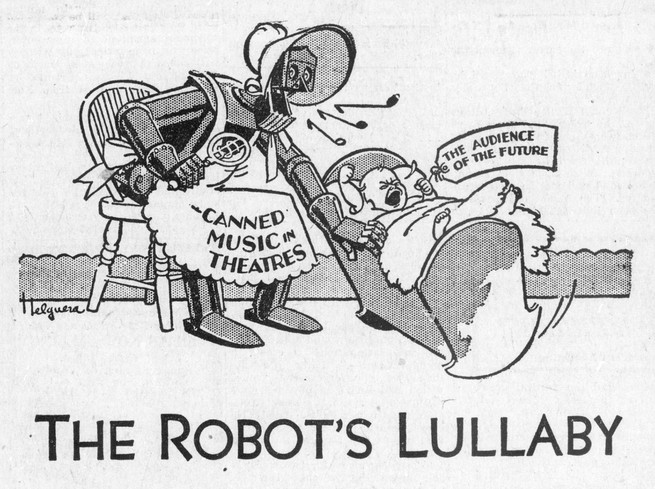 A robot dressed as a mother with dress labeled "canned music in theaters" rocks a baby in a crib labeled "the audience of the future."