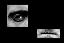 Black-and-white photographs of an eye and pursed lips cropped on a black background