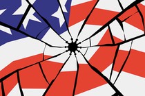 image of a US flag with stars and stripes shattering, the cracks emanating from a coronavirus-shaped hole in the center