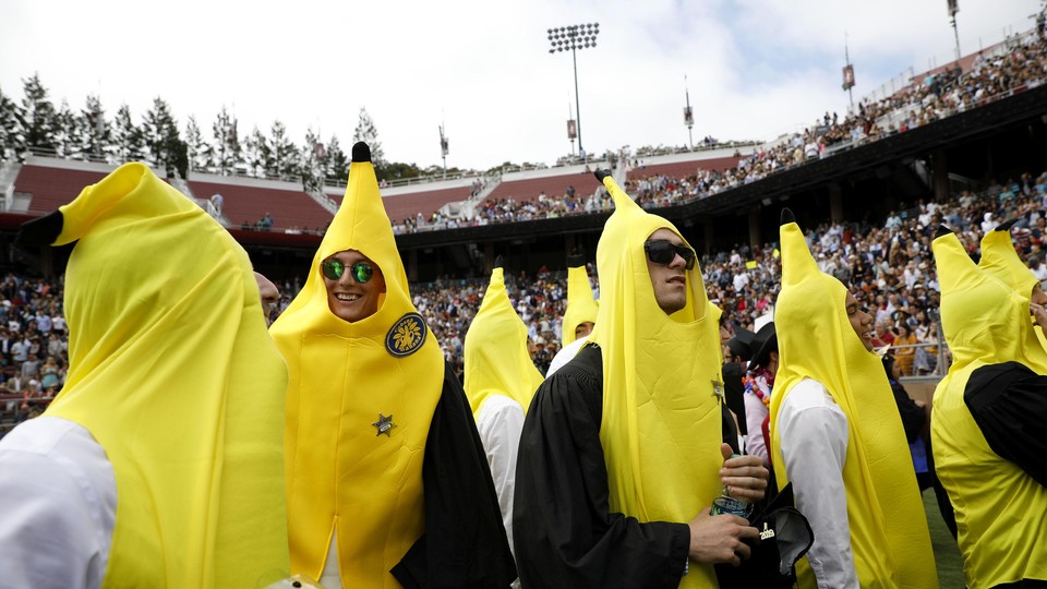 Students wearing banana costumes at Stanford University's commencement ceremony