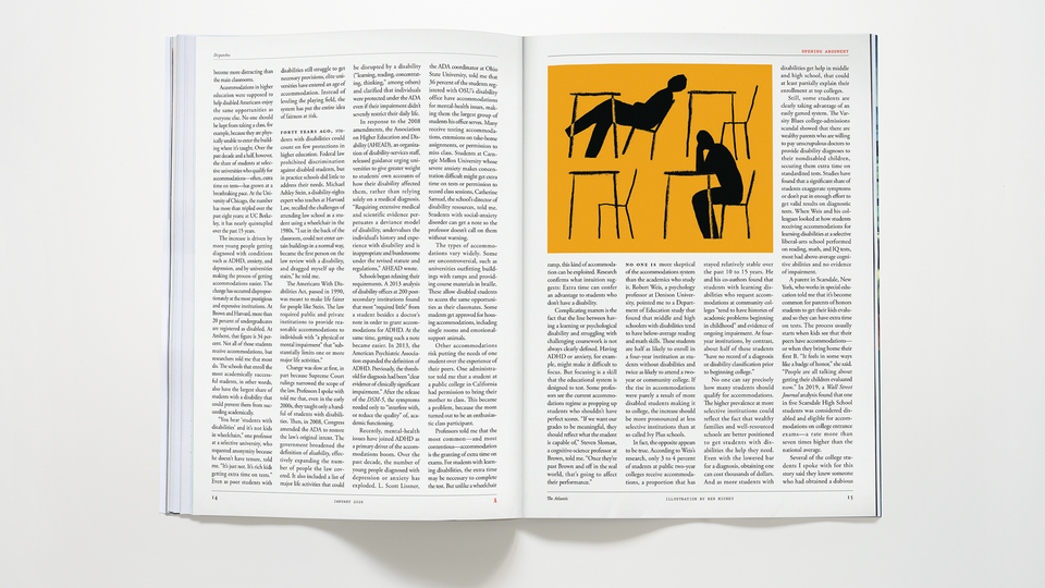 A color photograph of The Atlantic's January 2026 issue opened up to a mid-article spread of Rose Horowitch's essay "Accommodation Nation."