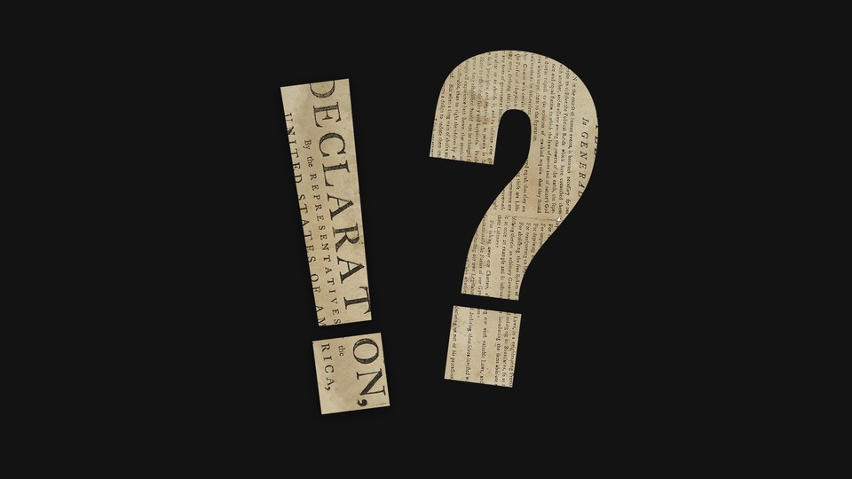 An illustration showing cutouts of the Declaration of Independence in the shape of an exclamation point and question mark