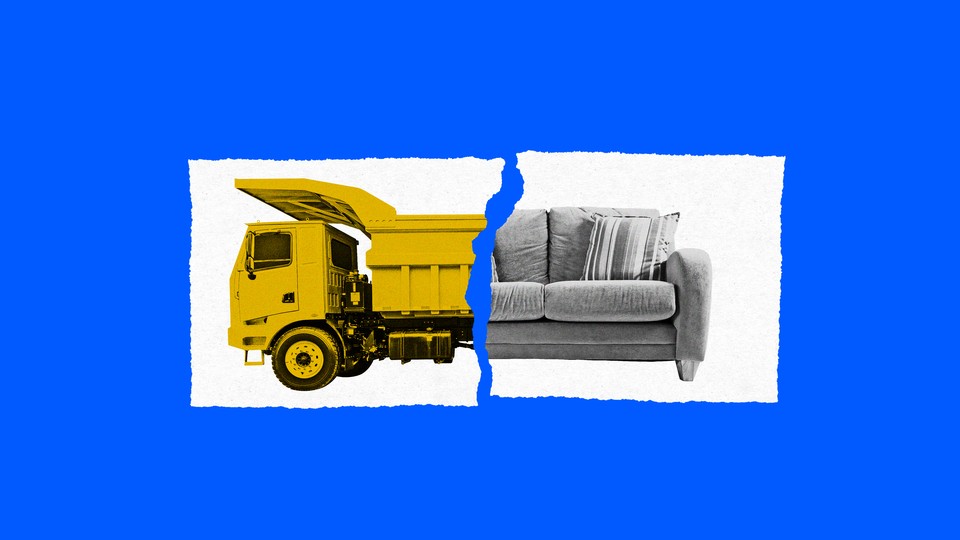 An illustration of a paper split in half with one half showing a half of a yellow dump truck and the other half showing a half of a couch.