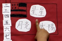 A child's drawing of the American flag is depicted alongside Chinese characters