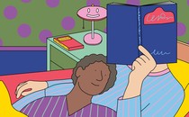 Illustration of two people reading a book together in bed