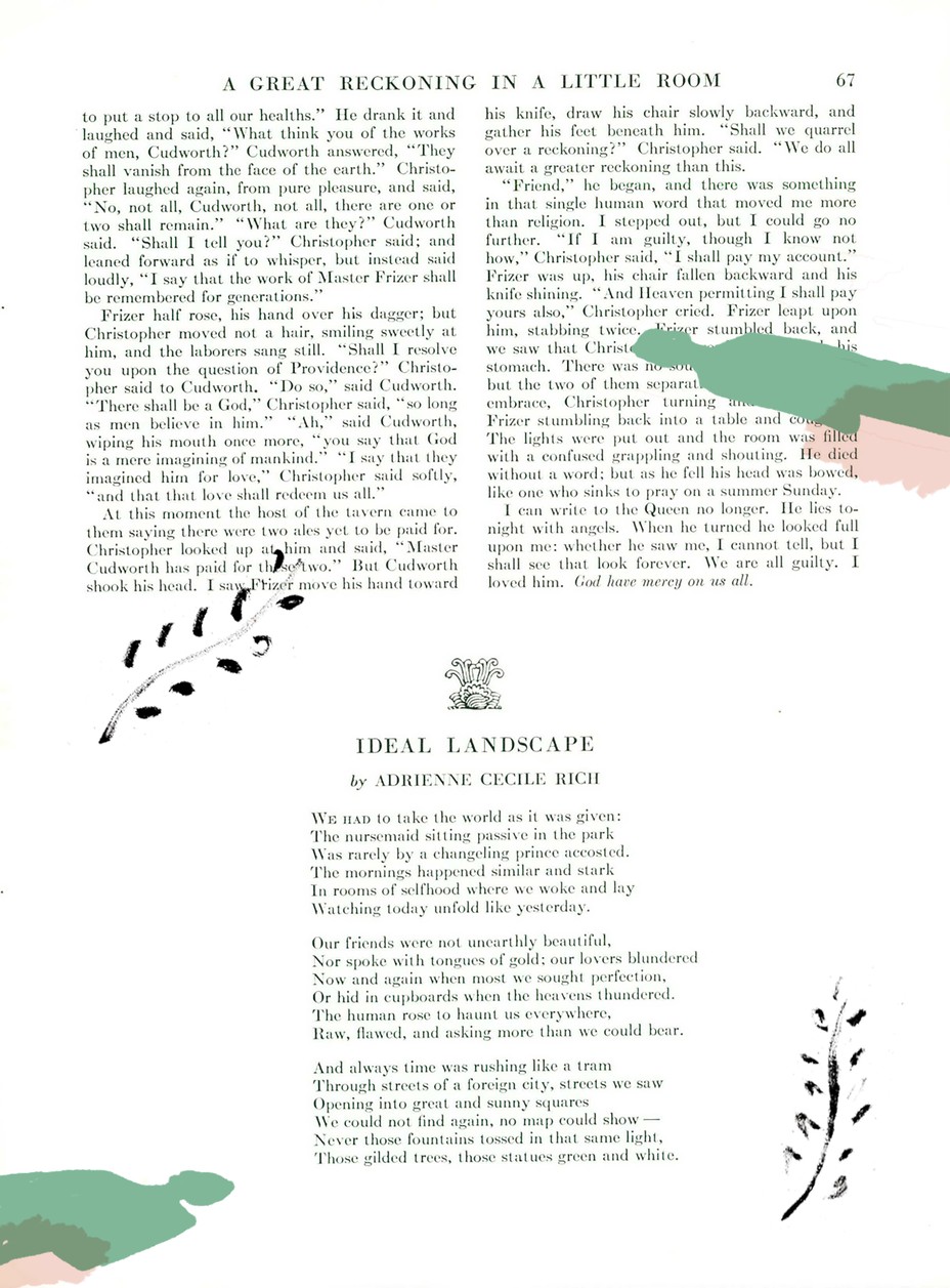The original magazine page with shapes painted in pink and green, and two branches with leaves around the poem