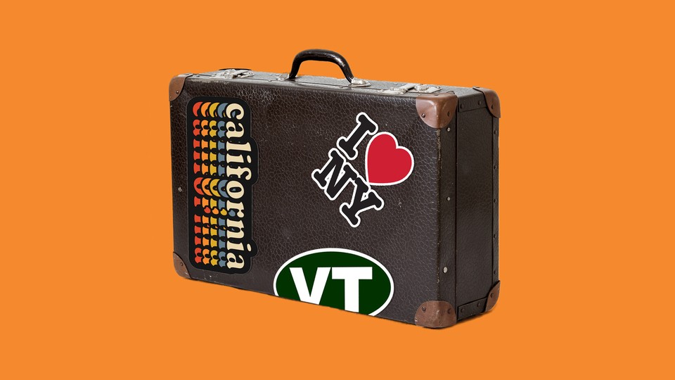A suitcase with blue-state decals