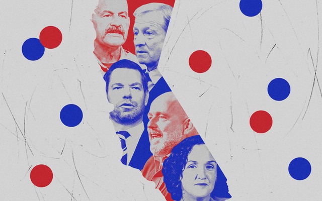 A collage of California GOP gubernatorial candidates within the shape of the state.