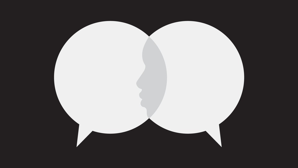 Two speech bubbles, the profile of a person in the space where they overlap