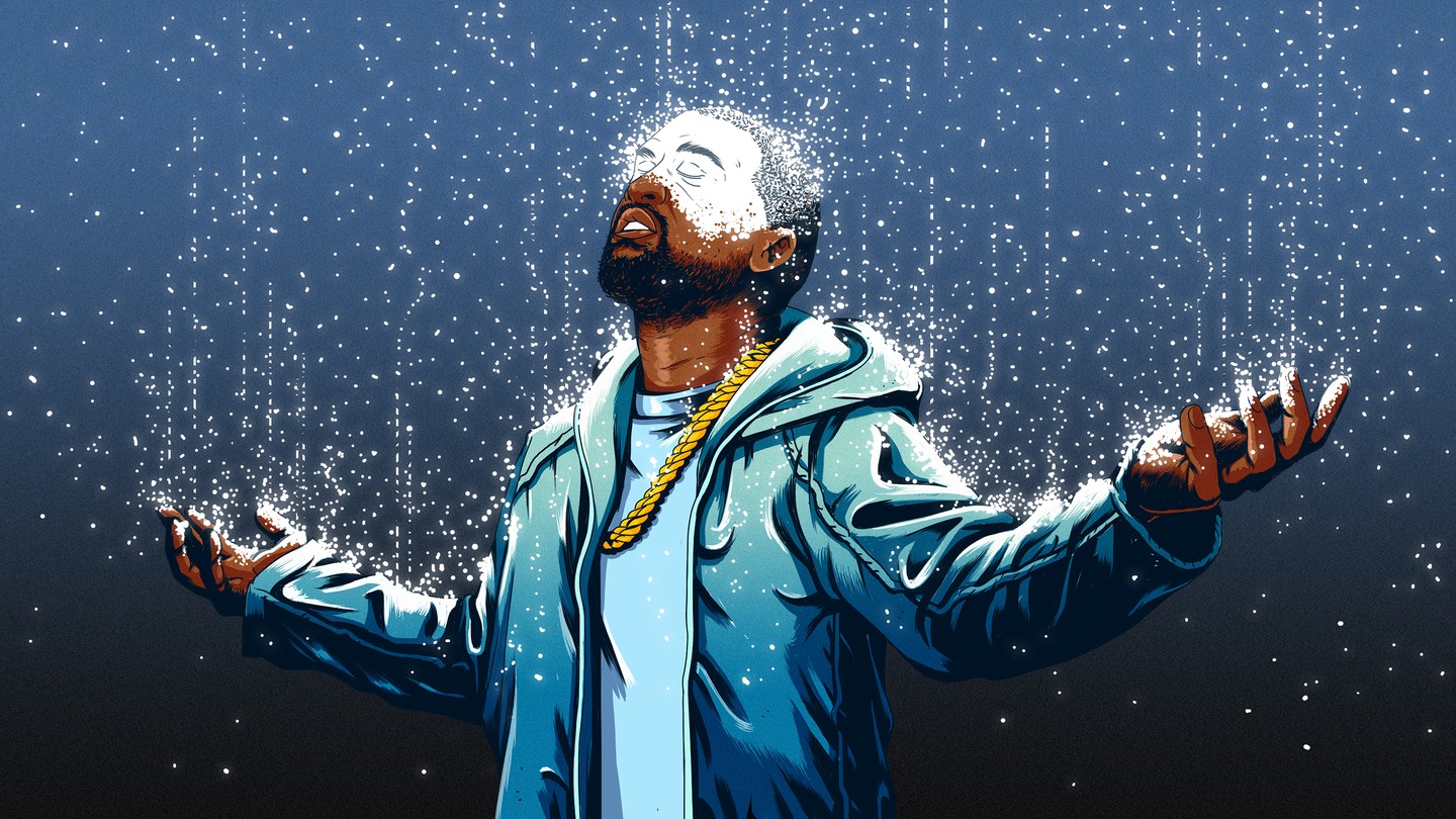 An illustration of cascading droplets turning Kanye West, a black man, white
